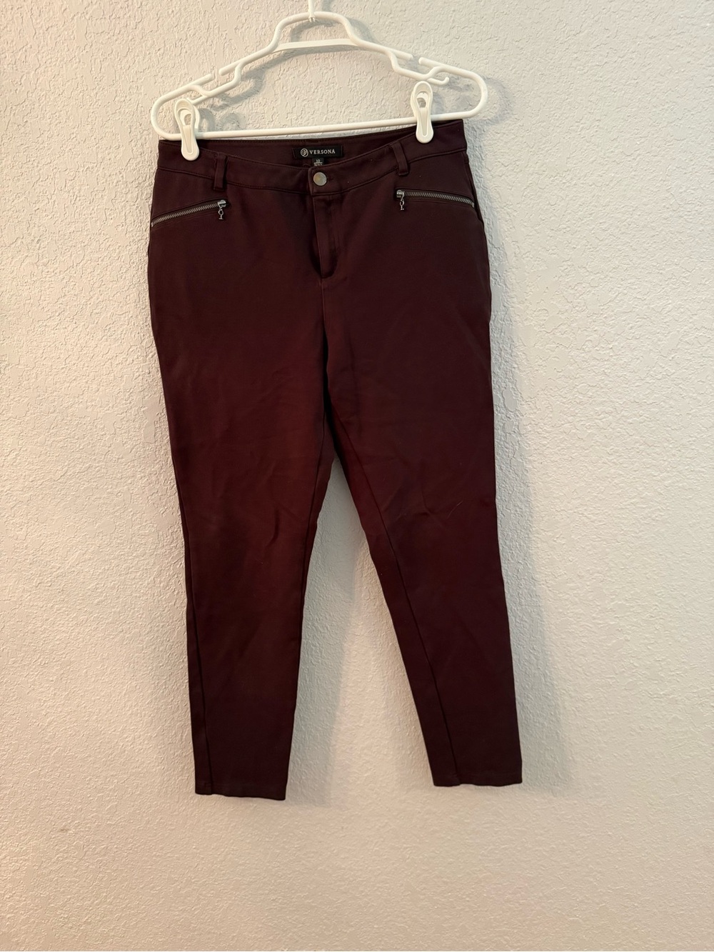 Versona Wine Skinny Ponte Pants with Zip Pockets